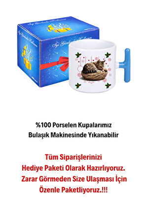 Yeni Yıl Uykucu Kedi Baskılı T Saplı Kupa Bardak Porselen Çay Kahve Fincanı