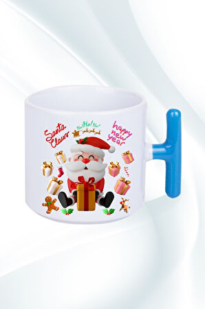Noel Baba Happy Christmas Baskılı T Saplı Kupa Bardak Porselen Çay Kahve Fincanı