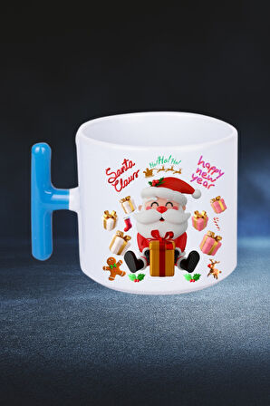 Noel Baba Happy Christmas Baskılı T Saplı Kupa Bardak Porselen Çay Kahve Fincanı