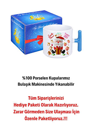 Noel Baba Happy Christmas Baskılı T Saplı Kupa Bardak Porselen Çay Kahve Fincanı