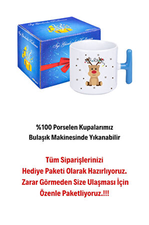 Yeni Yıl Geyik Kurabiye Baskılı T Saplı Kupa Bardak Porselen Çay Kahve Fincanı