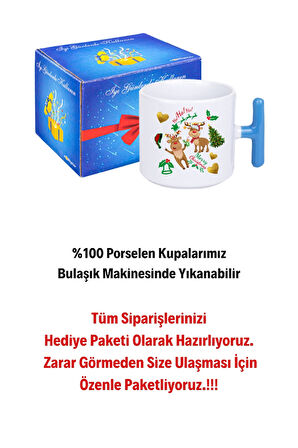Yılbaşı Geyikli Kurabiye Baskılı T Saplı Kupa Bardak Porselen Çay Kahve Fincanı