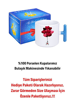 Uçan Kalpler Baskılı T Saplı Kupa Bardak Porselen Çay Kahve Fincanı Hediye
