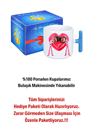 Mutlu Çiftler Love Kalp Baskılı Hediye T Saplı Kupa Bardak Porselen Çay Kahve Fincanı