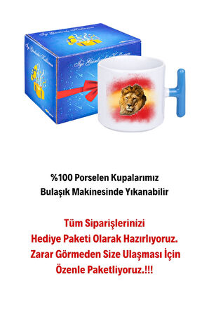 Taraftar Sarı Kırmızı Arslan Baskılı T Saplı Kupa Bardak Porselen Çay Kahve Fincanı