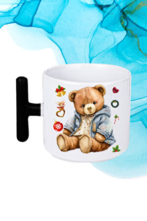 Yeni Yıl Oyuncak Ayı Teddy Bear Baskılı T Saplı Kupa Bardak Porselen Çay Kahve Fincanı