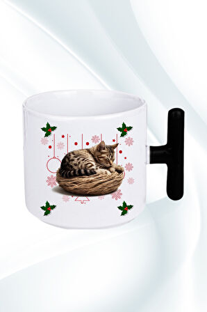 Yeni Yıl Uykucu Kedi Baskılı T Saplı Kupa Bardak Porselen Çay Kahve Fincanı
