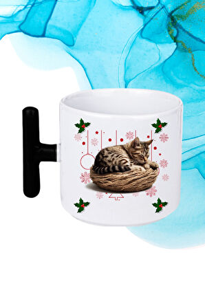 Yeni Yıl Uykucu Kedi Baskılı T Saplı Kupa Bardak Porselen Çay Kahve Fincanı