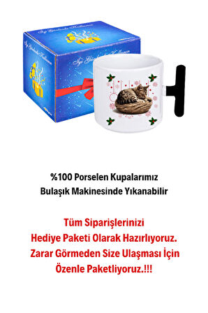 Yeni Yıl Uykucu Kedi Baskılı T Saplı Kupa Bardak Porselen Çay Kahve Fincanı
