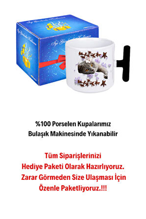 Sevimli Kedi Baskılı T Saplı Kupa Bardak Porselen Çay Kahve Fincanı