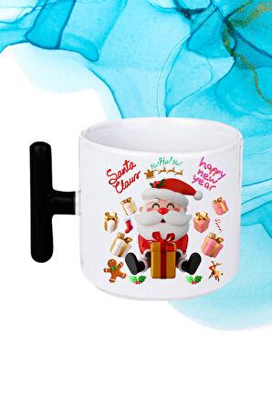 Noel Baba Happy Christmas Baskılı T Saplı Kupa Bardak Porselen Çay Kahve Fincanı
