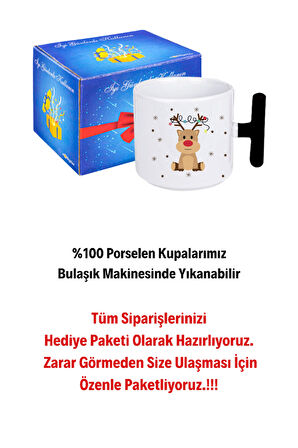 Yeni Yıl Geyik Kurabiye Baskılı T Saplı Kupa Bardak Porselen Çay Kahve Fincanı