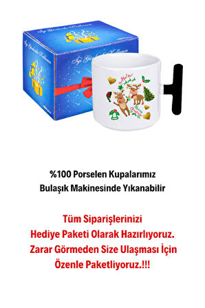 Yılbaşı Geyikli Kurabiye Baskılı T Saplı Kupa Bardak Porselen Çay Kahve Fincanı