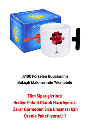 Uçan Kalpler Baskılı T Saplı Kupa Bardak Porselen Çay Kahve Fincanı Hediye