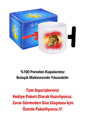 Taraftar Sarı Kırmızı Arslan Baskılı T Saplı Kupa Bardak Porselen Çay Kahve Fincanı