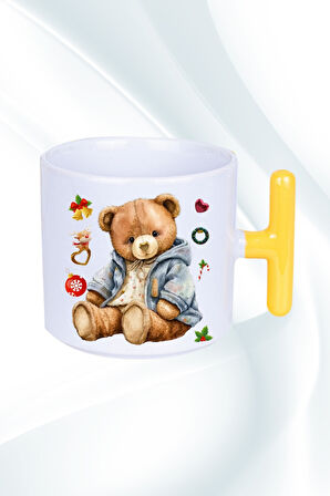 Yeni Yıl Oyuncak Ayı Teddy Bear Baskılı T Saplı Kupa Bardak Porselen Çay Kahve Fincanı