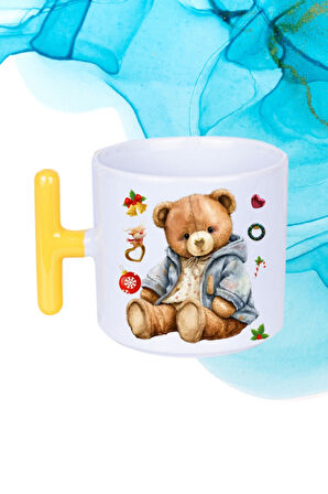 Yeni Yıl Oyuncak Ayı Teddy Bear Baskılı T Saplı Kupa Bardak Porselen Çay Kahve Fincanı