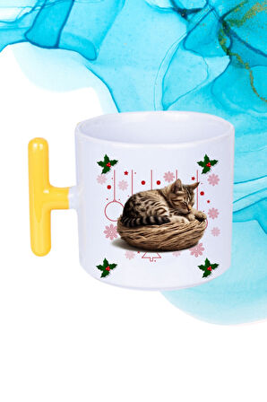 Yeni Yıl Uykucu Kedi Baskılı T Saplı Kupa Bardak Porselen Çay Kahve Fincanı