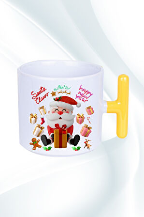 Noel Baba Happy Christmas Baskılı T Saplı Kupa Bardak Porselen Çay Kahve Fincanı