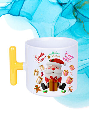 Noel Baba Happy Christmas Baskılı T Saplı Kupa Bardak Porselen Çay Kahve Fincanı