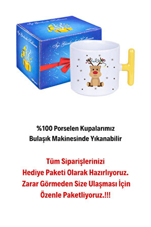 Yeni Yıl Geyik Kurabiye Baskılı T Saplı Kupa Bardak Porselen Çay Kahve Fincanı