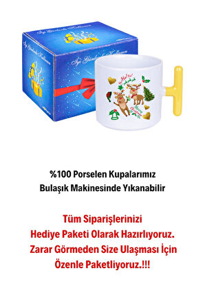 Yılbaşı Geyikli Kurabiye Baskılı T Saplı Kupa Bardak Porselen Çay Kahve Fincanı