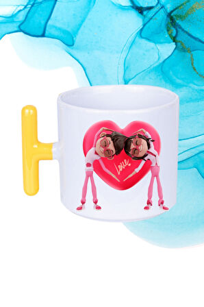 Mutlu Çiftler Love Kalp Baskılı Hediye T Saplı Kupa Bardak Porselen Çay Kahve Fincanı
