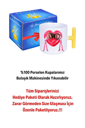 Mutlu Çiftler Love Kalp Baskılı Hediye T Saplı Kupa Bardak Porselen Çay Kahve Fincanı