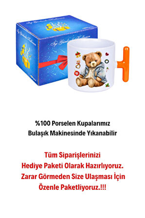 Yeni Yıl Oyuncak Ayı Teddy Bear Baskılı T Saplı Kupa Bardak Porselen Çay Kahve Fincanı