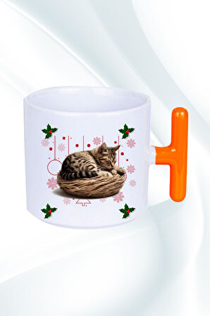 Yeni Yıl Uykucu Kedi Baskılı T Saplı Kupa Bardak Porselen Çay Kahve Fincanı
