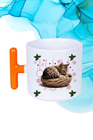 Yeni Yıl Uykucu Kedi Baskılı T Saplı Kupa Bardak Porselen Çay Kahve Fincanı
