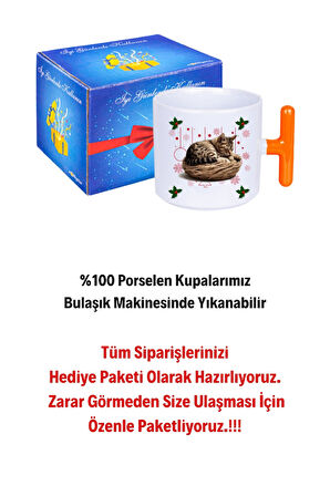 Yeni Yıl Uykucu Kedi Baskılı T Saplı Kupa Bardak Porselen Çay Kahve Fincanı