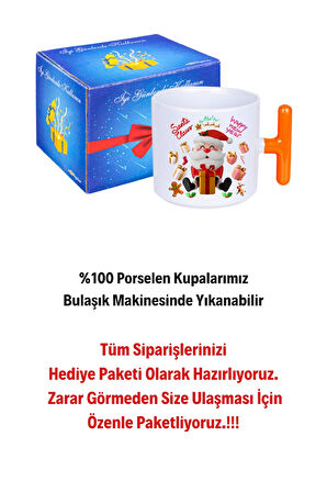 Noel Baba Happy Christmas Baskılı T Saplı Kupa Bardak Porselen Çay Kahve Fincanı