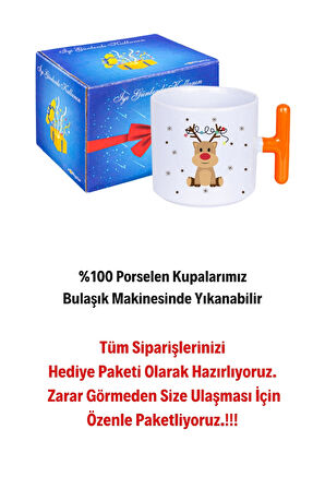 Yeni Yıl Geyik Kurabiye Baskılı T Saplı Kupa Bardak Porselen Çay Kahve Fincanı