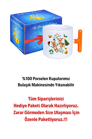 Yılbaşı Geyikli Kurabiye Baskılı T Saplı Kupa Bardak Porselen Çay Kahve Fincanı