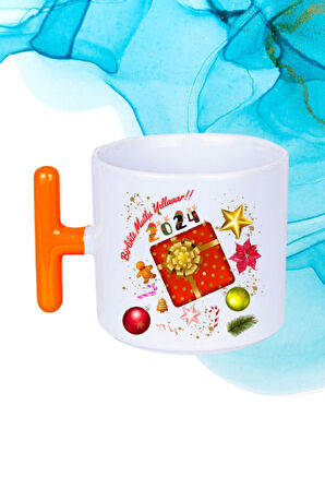 Yılbaşı 2024 Baskılı T Saplı Kupa Bardak Porselen Çay Kahve Fincanı