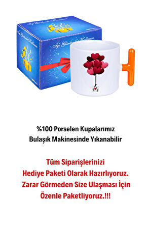 Uçan Kalpler Baskılı T Saplı Kupa Bardak Porselen Çay Kahve Fincanı Hediye