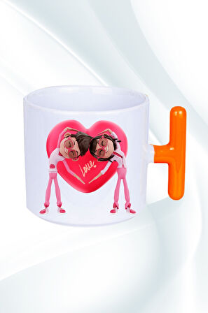 Mutlu Çiftler Love Kalp Baskılı Hediye T Saplı Kupa Bardak Porselen Çay Kahve Fincanı