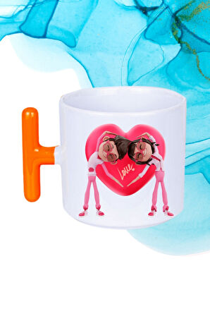 Mutlu Çiftler Love Kalp Baskılı Hediye T Saplı Kupa Bardak Porselen Çay Kahve Fincanı