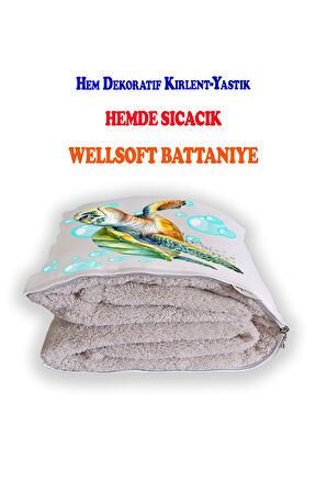 Caretta Baskılı Dekoratif Yastık Kırlent Opsiyonel Battaniye 2 in 1