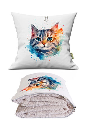 Renkli Kedi Baskılı Dekoratif Yastık Kırlent Opsiyonel Battaniye 2 in 1