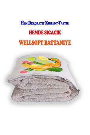 Fresh Meyve Dilimleri Baskılı Dekoratif Yastık Kırlent Opsiyonel Battaniye 2 in 1