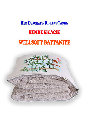 Çam Ağaçları Baskılı Dekoratif Yastık Kırlent Opsiyonel Battaniye 2 in 1