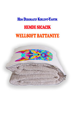 Renkli Kedi Baskılı Dekoratif Yastık Kırlent Opsiyonel Battaniye 2 in 1