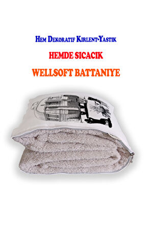 Kara Kalem Kamp Baskılı Dekoratif Yastık Kırlent Opsiyonel Battaniye 2 in 1