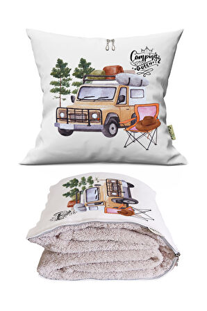 Camping Queen Baskılı Dekoratif Yastık Kırlent Opsiyonel Battaniye 2 in 1