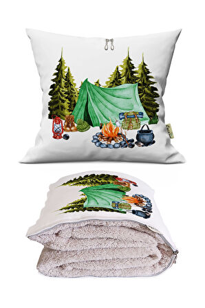 Camping-2 Baskılı Dekoratif Yastık Kırlent Opsiyonel Battaniye 2 in 1