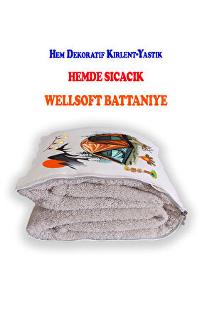 Camping-3 Baskılı Dekoratif Yastık Kırlent Opsiyonel Battaniye 2 in 1