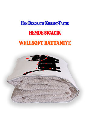 Siyah Kedicik Tv Battaniyeli Opsiyonel Dekoratif Hediye Yastık