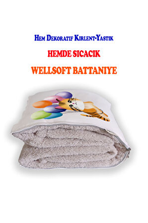 Uçan Balonlu Kedicik Tv Battaniyeli Opsiyonel Dekoratif Hediye Yastık